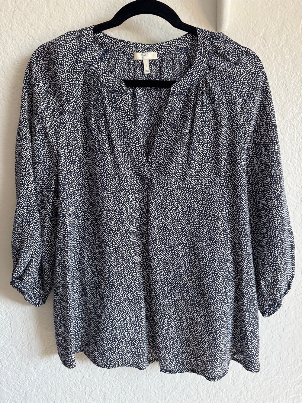 Joie Navy and White Dotted Split-Neck Silk Blouse